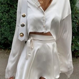 Satin Raw Hem Tied Two Piece Skirt Set